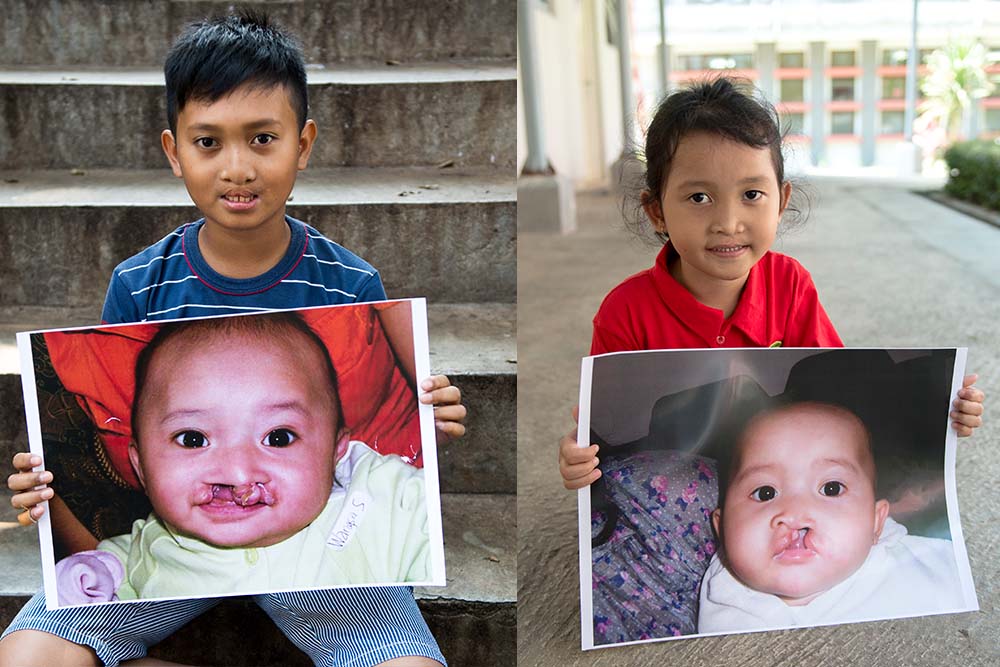Siti's children hold before images